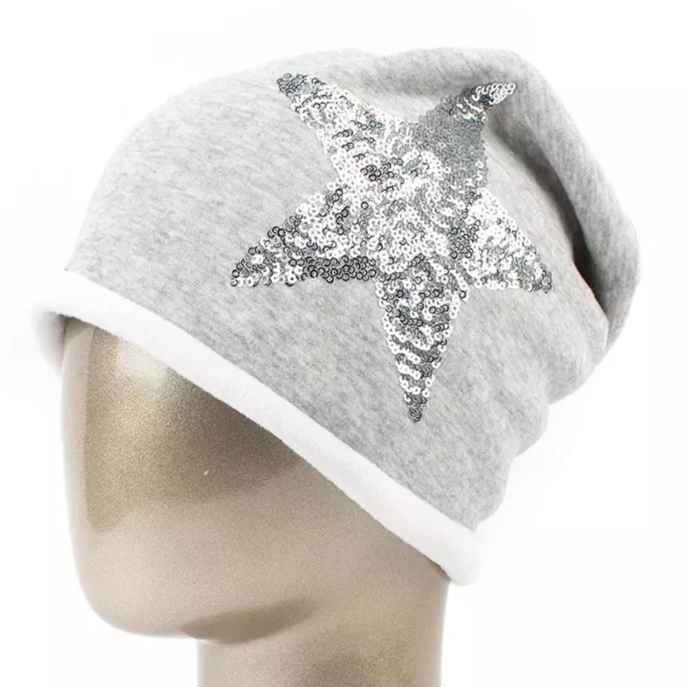Gray Faux Fur Lined Oversized Silver Sequin Star Winter Beanies NEW